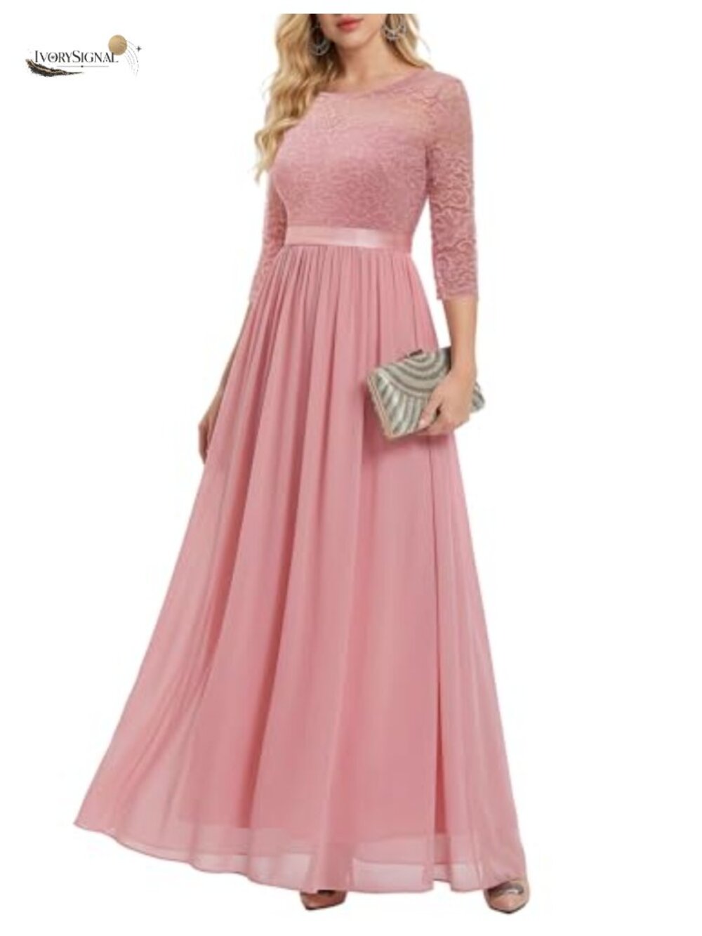 Long Sleeve A-Line Maxi Formal Dress with Lace Chiffon Boat Neck